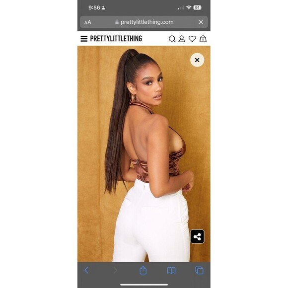 prettylittlething Chocolate Satin Cross Front Ruched Waist Halterneck Crop Top - Picture 5 of 11